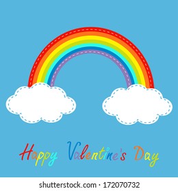 Rainbow and clouds in the sky. Dash line. Happy Valentines Day card. Vector illustration.