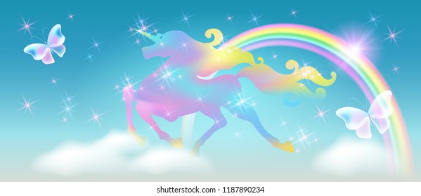 Rainbow in the clouds sky and galloping unicorn with luxurious winding mane against the background of the iridescent universe with sparkling stars 