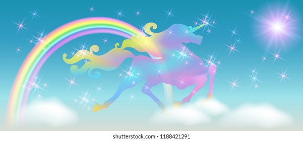 Rainbow in the clouds sky and galloping unicorn with luxurious winding mane against the background of the iridescent universe with sparkling stars