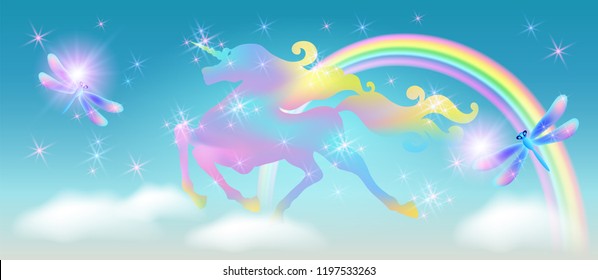 Rainbow in the clouds sky and galloping unicorn with luxurious winding mane against the background of the iridescent universe with sparkling stars and dragonfly