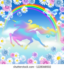 Rainbow in the clouds sky and galloping unicorn with luxurious winding mane against the background of the iridescent universe with flowers