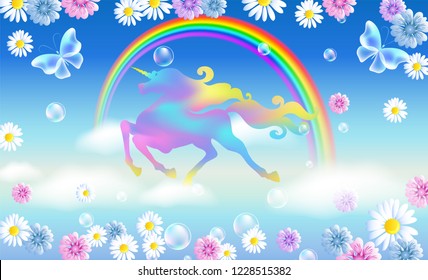 Rainbow in the clouds sky and galloping unicorn with luxurious winding mane against the background of the iridescent universe with flowers