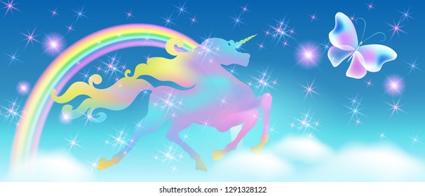 Rainbow in the clouds sky and galloping unicorn with luxurious winding mane against the background of the iridescent universe with sparkling stars