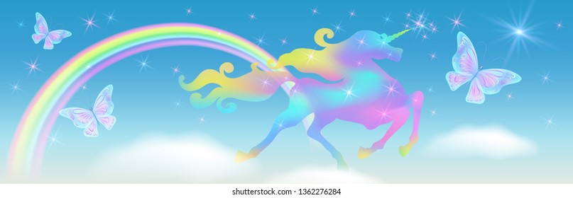 Rainbow in the clouds sky and galloping unicorn with luxurious winding mane against the background of the iridescent universe with sparkling stars