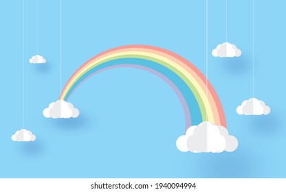 Rainbow and clouds in the sky , paper art style,  wallpaper design.