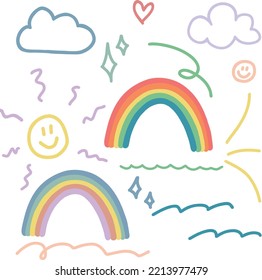 Rainbow, clouds, smile vector colorful illustration,