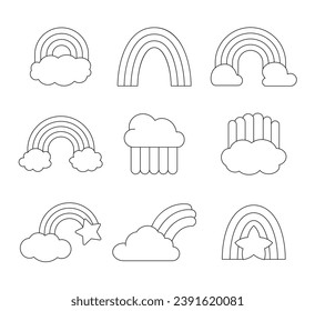 Rainbow with clouds, star. Coloring Page. Baby nursery, kids room decor. Hand drawn style. Vector drawing. Collection of design elements.