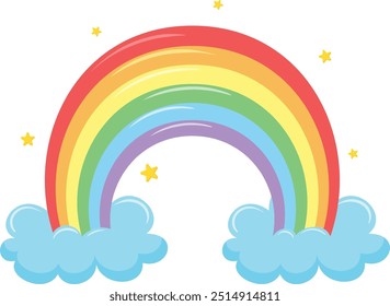 Rainbow with Clouds and star vector on white background, Rainbow in the sky, Vector illustration