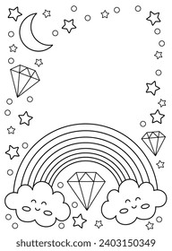 Arcoiris y nubes, estrellas, diamantes. Fondo, página de color, ilustración vectorial en blanco y negro.