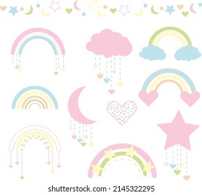 rainbow, clouds and stars gentle colors.  kids room interior stickers