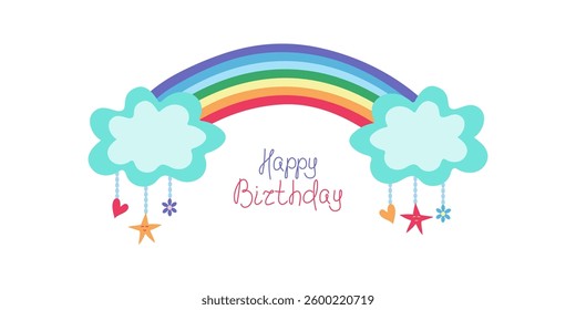 Rainbow, clouds, stars. Hearts, flowers. Hand lettering Happy Birthday. Funny cartoon icons. 