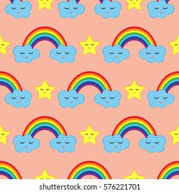 Rainbow, clouds and stars with his eyes closed. Baby seamless pattern.  Colorful.