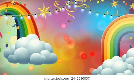Rainbow, clouds and stars on the rainbow background. Vector illustration.