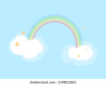 Rainbow, clouds and stars on blue background. Vector image for card or promotion.