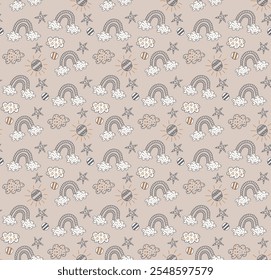 Rainbow, clouds, stars and planets seamless pattern for nursery and children's clothing.