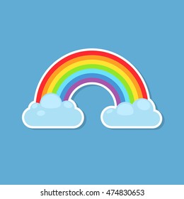 Rainbow and clouds sticker isolated on blue background. Nature sign cloud rainbow spectrum. Weather curve icon, graphic abstract symbol.