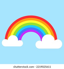 Rainbow with clouds. Summertime weather symbol. Vector illustration isolated on blue background.