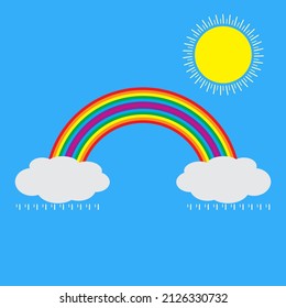 RAINBOW WITH CLOUDS AND SUN. WITH BLUE SKY BACKGROUND COLOR. GREAT FOR CHILDREN'S BOOKS AND COMICS.