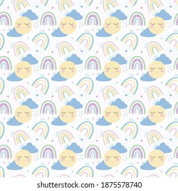 Rainbow with clouds, sun and hearts seamless pattern. Delicate children's pattern. Design for textiles, paper, printing. Vector