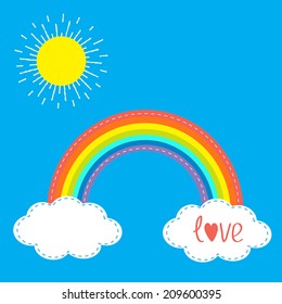 Rainbow clouds and sun in the sky. Dash line. Love card. Flat design. Vector illustration