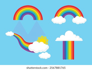 Rainbow, clouds and sun vector illustration composition set isolated on white background. Rainbow vector icon set. Clouds and rainbow icon set in different style.