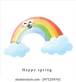rainbow and clouds in sunny day, smiley colorful rainbow. season and weather clipart for memo , book , note , card ,planner png decoration.	
