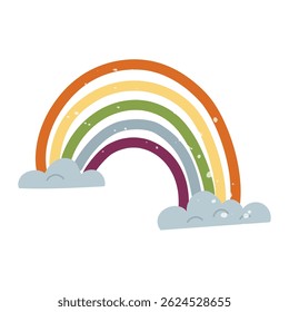 Rainbow of clouds with texture. Flat color isolated doodle illustration. Lovely spring and summer weather. A cozy mood. Suitable for decoration, postcards, packaging, prints.