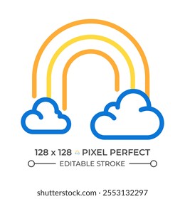 Ícone de linha de duas cores em arco-íris e nuvens. Simbolizando otimismo e fenômenos meteorológicos. Luz colorida após símbolo de contorno de chuva bicolor. Pictograma linear duotônico. Ilustração isolada. Traçado editável