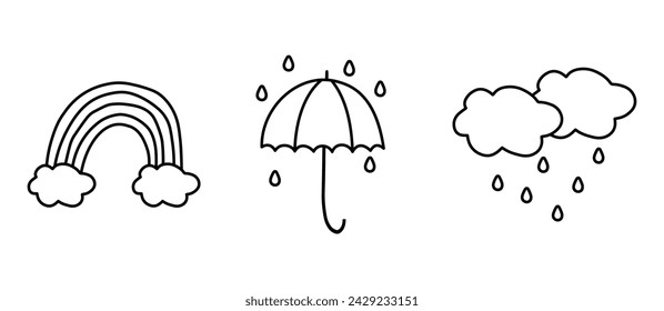 Rainbow with clouds and umbrella  in doodle style.