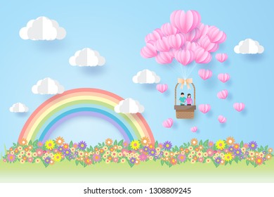  Rainbow and clouds ,valentines day, beautiful flower , paper art style, heart in the sky