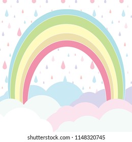 rainbow with cloudy on Rain pattern. Cloudy and Rainy Background. Cute pastel cloudy and rain falling background. Vector illustration.