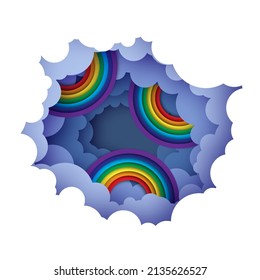 Rainbow. Cloudy paper cut art. Night sky clouds paper craft style. volumetric cloudscape. Round frame.