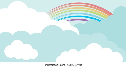 Rainbow and cloudy sky illustration. Clouds with rainbow background design. banner, frame, background, wallpaper, template. Vector illustration.