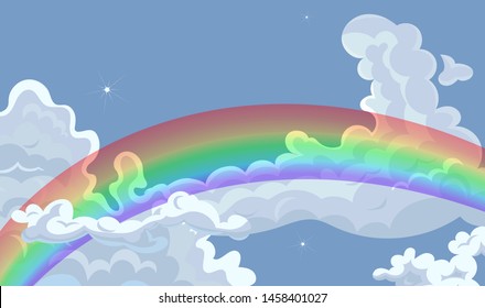 Rainbow in the cloudy sky. Vector graphics. Horizontal banner.