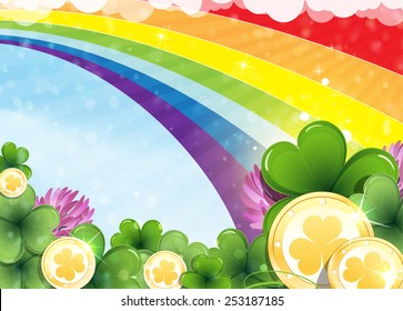 Rainbow, clover and gold coins on abstract spring background. St. Patrick's Day abstract background