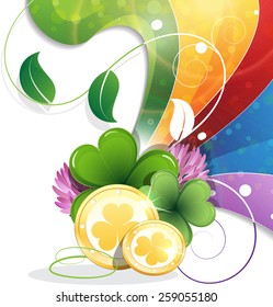 Rainbow and clover with golden coins on white background. St. Patrick's Day background