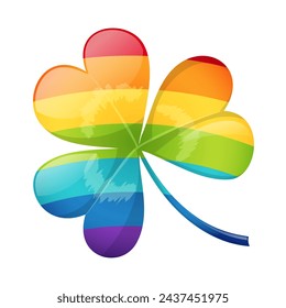 Rainbow clover icon. Symbol of luck, shamrock for Irish St. Patrick day. Bright sticker of three leaves clover in rainbow colors. Web icon or button of luck concept, vector illustration