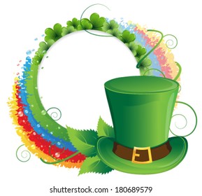  Rainbow, clover and  Leprechaun hat on white background. St. Patrick's Day abstract background