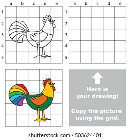 Rainbow Cock to be duplicated using grid sells. Drawing tutorial to educate preschool kids with easy kid educational gaming and primary education of simple game level of difficulty.
