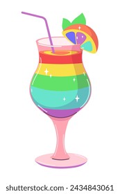 Rainbow cocktail in glass with slice of lemon and straw. Vector illustration of isolated object