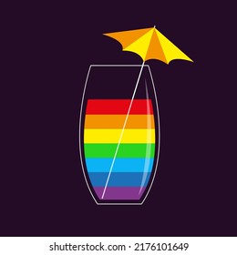 Rainbow cocktail glass. Umbrella stick. Drink gay party. LGBT sign symbol. Menu template. Flat design. Dark background. Isolated. Vector illustration