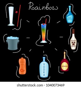 Rainbow Cocktail ingredients isolated vector colorful illustration