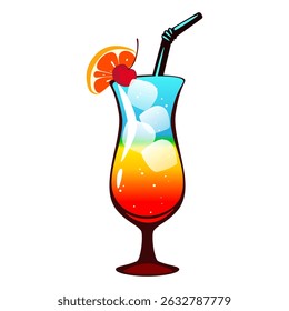 Rainbow cocktail. Summer rainbow layered cocktail. Refreshing tropical drink with orange slice, ice cubes and cherry. Vector illustration.