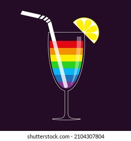 Rainbow cocktail. White straw. Lemon slice. Drink gay party. LGBT sign symbol. Menu template. Flat design. Dark background. Isolated. Vector illustration