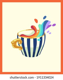 Rainbow coffee in porcelain striped cup with gold handle. Colorful vector illustration