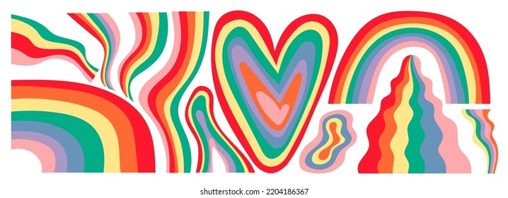 Rainbow collage elements set, 90s aesthetic, pride month vector illustration. Positive colorful kid shapes, contemporary spectrum decoration, trendy stripe pattern, freedom collection, equality symbol