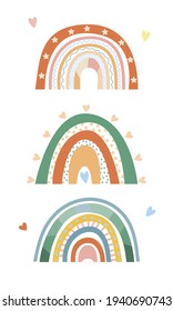 Colección arcoiris en estilo boho, colores pastel. Resumen Impresiones dibujadas a mano. Arcoiris escandinavo minimalista con varios elementos decorativos de garabatos, líneas, corazón. Diseño romántico. Vector