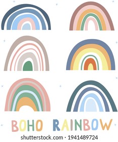 Rainbow collection in boho style, pastel colors. Abstract hand-drawn prints. Minimalist Scandinavian rainbow of colorful simple lines. Romantic design. Vector illustration.