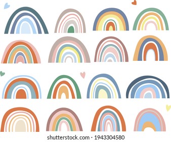 Rainbow collection in boho style, pastel colors. Abstract hand-drawn prints. Minimalist Scandinavian rainbow of colorful simple lines. Romantic design. Vector illustration.