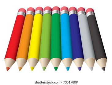 Rainbow collection of colored pencils with rubber erasers